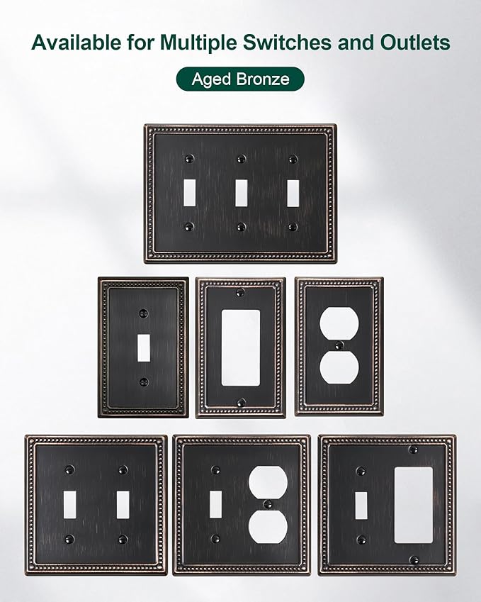 6-Pack Decorator Outlet Cover Plate, Decorative Switch Plates and Outlet Covers, Aged Bronze Metal Wall Plates for Electrical Outlets, Receptacle, GFCI Outlet, Dimmer Switch