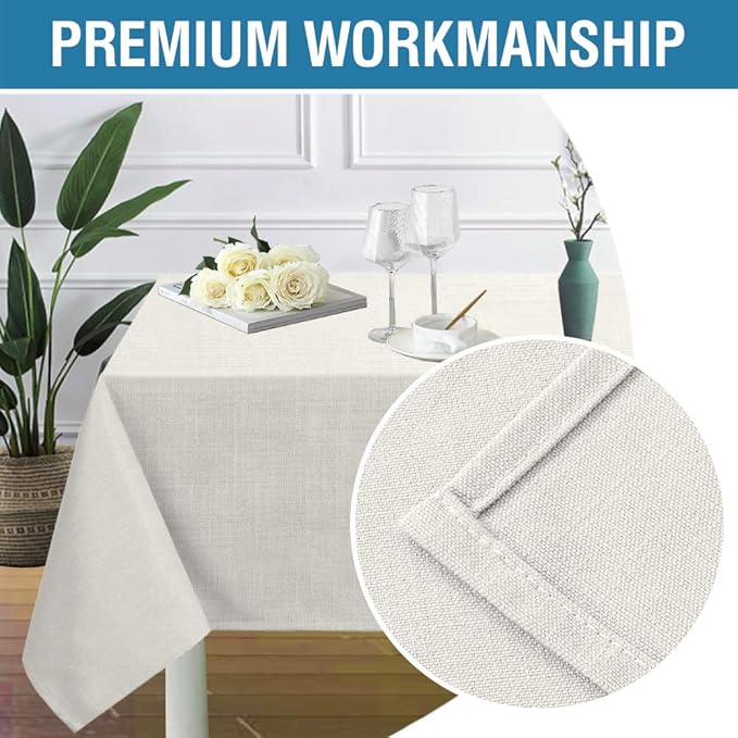 H.VERSAILTEX Linen Textured Table Cloths 54 x 80 Inch Premium Solid Tablecloth Spill-Proof Waterproof Table Cover for Dining Buffet Feature Extra Soft and Thick Fabric Wrinkle Free, Ivory