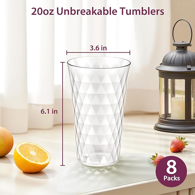 Freshmage 8 Pack 20 oz Unbreakable Plastic Drinking Glasses, All-Clear Reusable Drinking Cups- BPA Free, Dishwasher & Microwave Safe, Stackable Tumblers for Home, Outdoor, Camping, Picnic, Pool