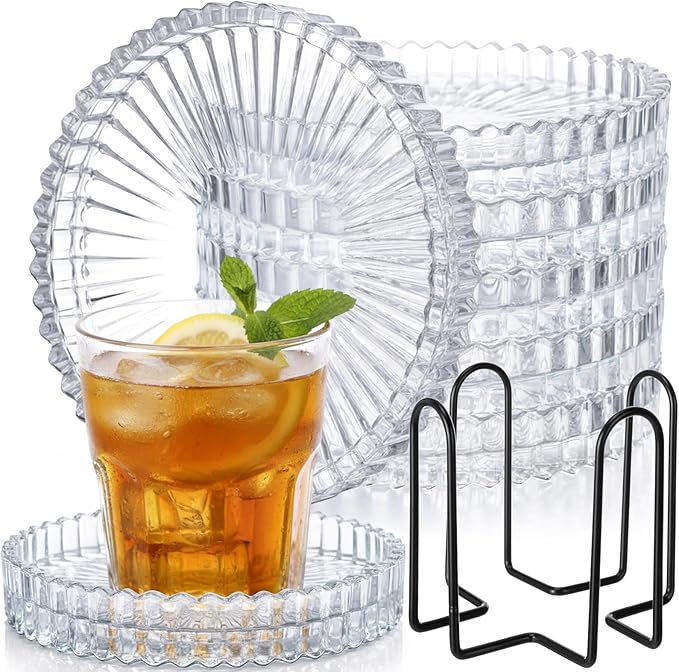 Remerry 6 Pcs Clear Crystal Coaster Set with Holder Glass Coasters for Drinks 4 Inch Drinks Crystal Round Cup Coasters Coffee Table Decor for Office Kitchen Bar Restaurant Patio (Transparent)