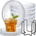 Remerry 6 Pcs Clear Crystal Coaster Set with Holder Glass Coasters for Drinks 4 Inch Drinks Crystal Round Cup Coasters Coffee Table Decor for Office Kitchen Bar Restaurant Patio (Transparent)
