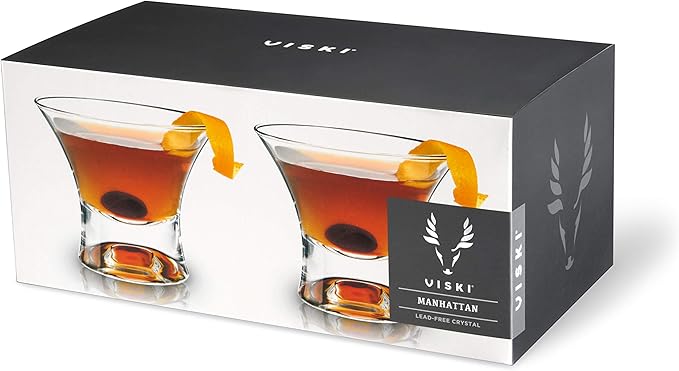 Viski Heavy Base Stemless Manhattan Glasses Set of 2 - Premium Crystal Cocktail Glass, Stemless Martini Glasses, Cocktail Glass Gift Set, 7 oz