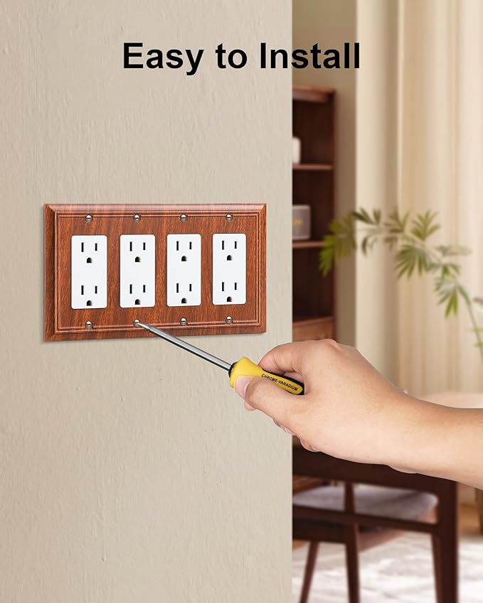 2-Pack Quad Decorator Outlet Cover Plate, Wood Grain Decorative Switch Plates and Outlet Covers, Natural Bamboo Fiber 4 Gang Wall Plates for Electrical Outlets, Receptacle, GFCI Outlet, Dimmer Switch