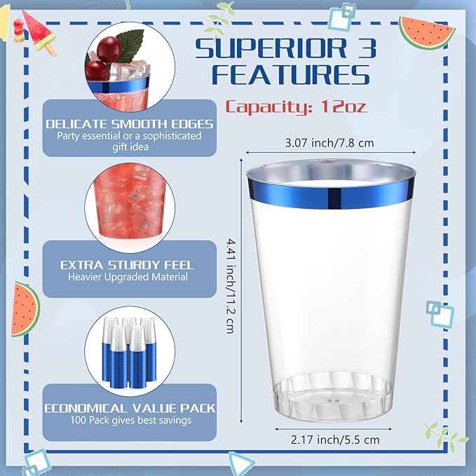 Patelai 100 Pcs Blue Plastic Cups 12 oz Blue Rimmed Plastic Cups Heavy Duty Disposable Wine Glasses Clear Cocktail Glasses Drinking Tumblers for Party Wedding Christmas Birthday