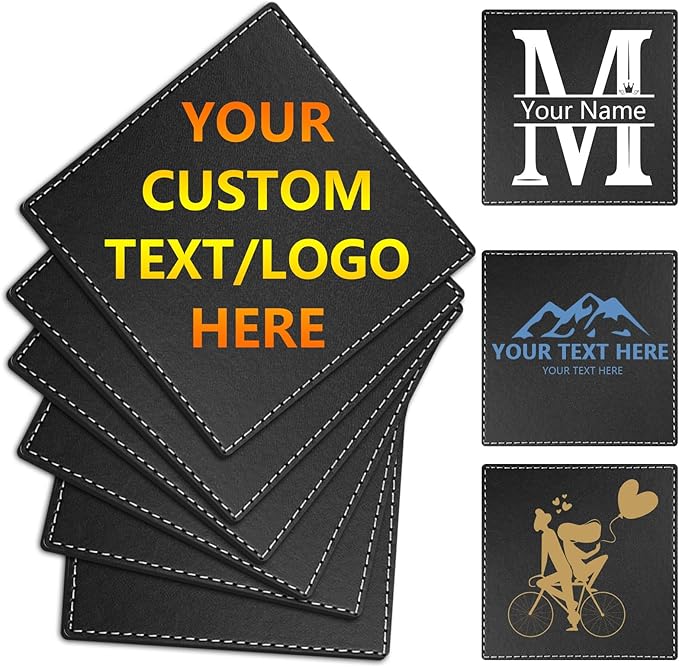 Custom Personalized Leather Coasters - Set of 6 | DIY Name, Photo, or Logo Coasters for Coffee Table, Bar, Beer, Wine | Ideal Housewarming Gift,Black