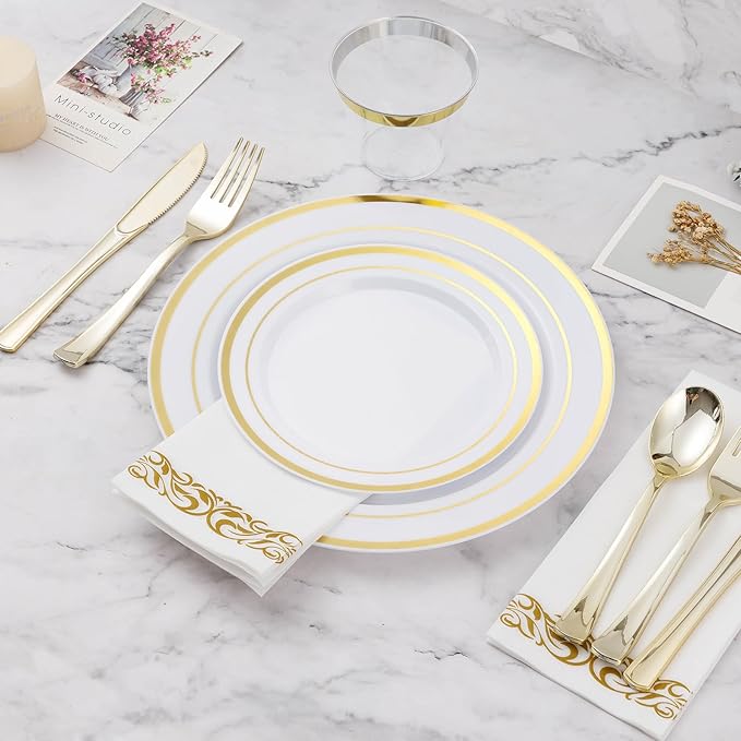 BESTVIP 350 PCS Gold Dinnerware Set for 50 Guests, Plastic Dinnerware Set for Party, Wedding, Christmas, Include: 100 Plastic Plates, 50 Gold Silverware, 50 Cups, 50 Paper Napkins
