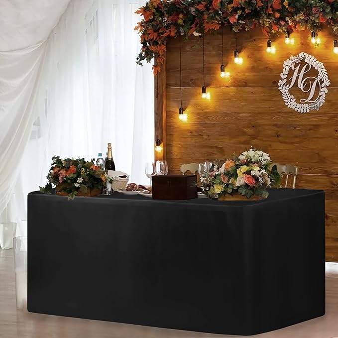 HolidayIdeas 2 Pack Fitted Table Clothes - 48 x 30 Inch - Black Rectangle Tablecloths for 4 Foot Tables, Fabric Table Cover Protector for Parties, Craft Show, Trade Show
