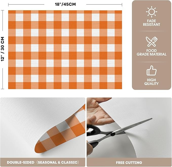 Artoid Mode Buffalo Plaid Vinyl Placemats Set of 4, 12x18 Inch Washable Non-Slip Heat Resistant Plastic Place Mats for Party Dining Table, Orange/White