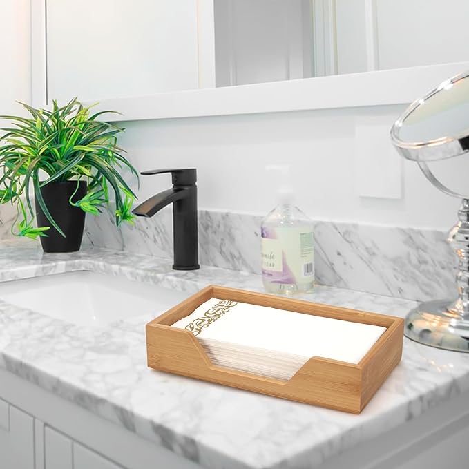 Bamboo Napkin Holder for Kitchen Table Bathroom Paper Towel Holder Farmhouse Flat Napkin Holders Guest Towel Holder Hand Towel Tray Rectangle Napkin Holder