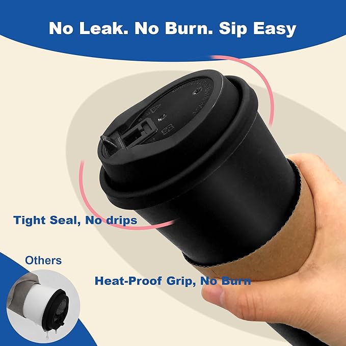 20 oz 500 Pack Coffee Cups with Lids and Sleeves, Straws, Hot Disposable To Go Travel Paper Cups Bulk for Office, Home Coffee Bar Accessories, Chocolate, Cocoa, Beverage (Black)