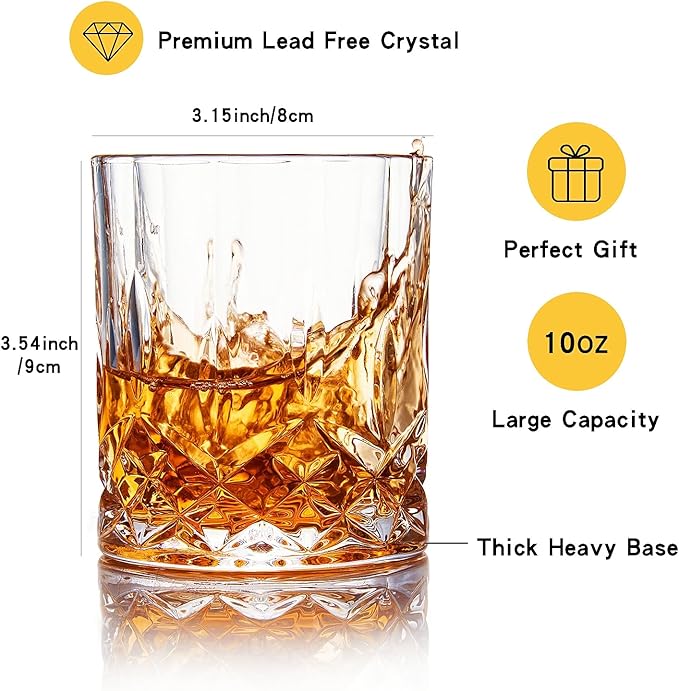 GLASKEY Whiskey Glasses Set of 4,Rock Glasses,11 oz Lead-Free Crystal Bourbon Glass,Old Fashioned Glass for Bourbon,Cognac,Irish Whisky,Personalised Whisky Glass Gift Set for Men,Dad,Brother