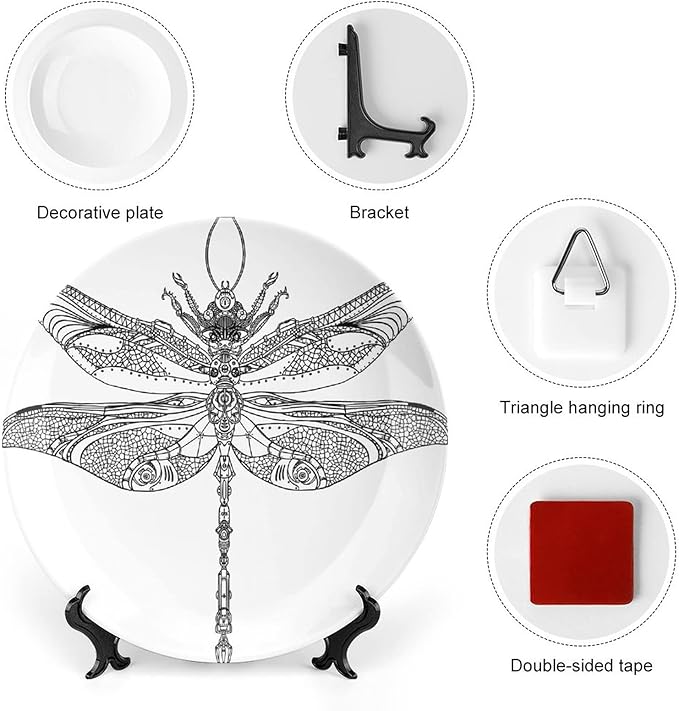 Decorative Plates, Abstract Print Ornament, Animal Steampunk Dragonfly Pattern, 7 Inch, 1 Plate with 1 Display Stand, Black White