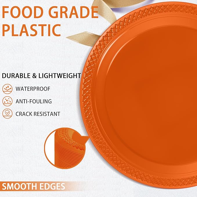 WELLIFE Orange Party Plates 7 Inch -150 Count, Disposable Plastic Dessert Plates for Party Easter Cake Appetizers Salad Picnic BBQ Wedding Engagement Birthday