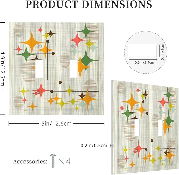 Decorative Light Switch Cover Mid Century Modern Retro Stars 2 Gang Wall Plate Double Toggle Switch Plate Receptacle Electrical Outlet Cover Switchplate for Bathroom Bedroom Decor（2 Pack）