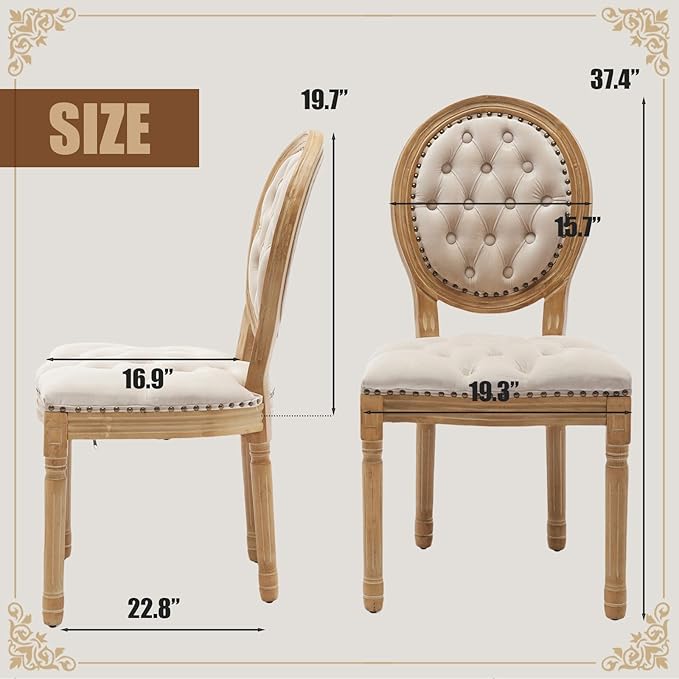 SoarFlash French Velvet Dining Chairs Set of 6, Vantage Dining Chair with Round Back, Wood Leg Farmhouse Country Dining Chair for Kitchen,Bedroom,Beige