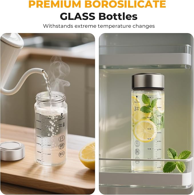 Sursip Glass Juice Bottles 6 Pack 12 oz – Wide Mouth Borosilicate Glass Bottles with Lids – Heat-Resistant, Leakproof, BPA Free, Reusable for Juicing, Smoothies, Milk, Protein Drinks, Water