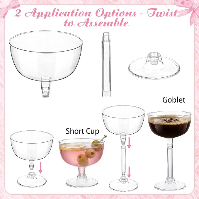 20 Set Disposable Plastic Martini Glasses with Pink Bow 6.5 oz Clear Coupe Glasses Acrylic Champagne Tower a Tini Bit Party Favor Cocktail Unbreakable Dessert Glass for Wedding Birthday