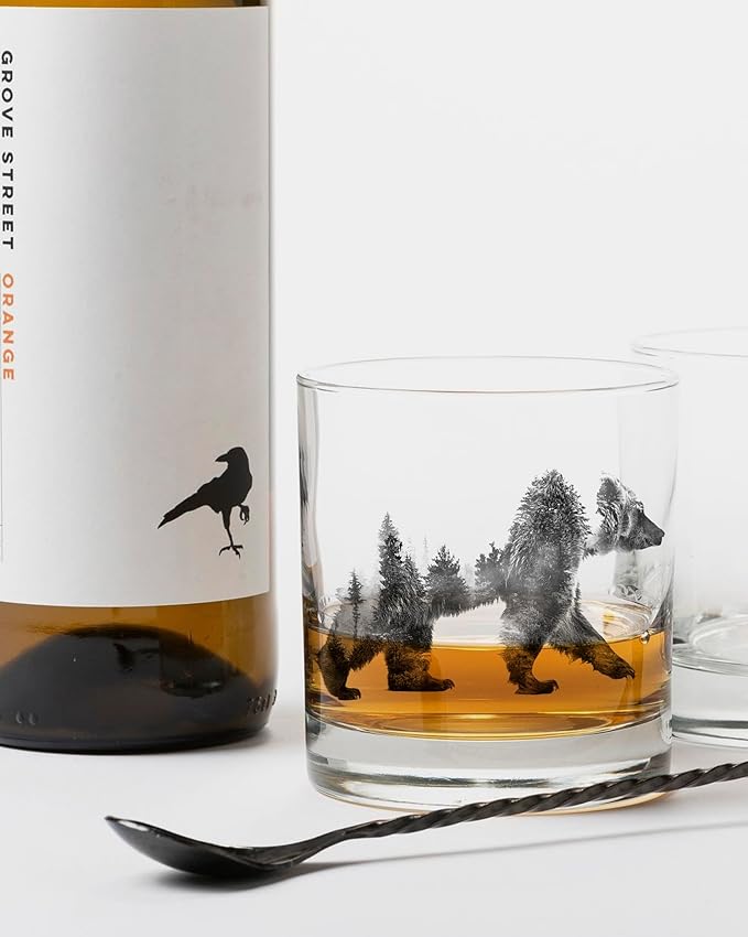 Black Lantern Nature and Animal Themed Whiskey Glass Set – 11oz Premium Heavy Base Glasses – Perfect Gift for Outdoor Enthusiasts – Set of 2 Everyday Drinking Glasses (Double Exposure Bear)