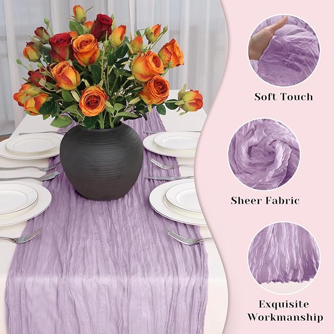 Lilac Table Runner, 10 Ft 120 in Cheesecloth Table Runner, Rustic Spring Table Runners for Wedding, Party, Bridal Shower, Boho Table Runners for Valentines Easter Mardi gras