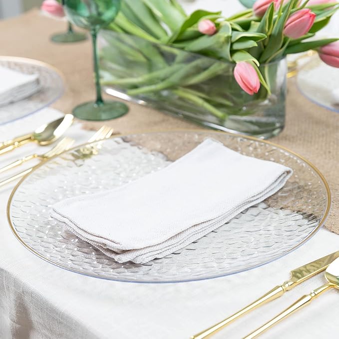 PARTY BARGAINS 13-Inch Charger Plates - 8 Pack, Hammered Clear Gold Rim, Heavy-Duty Disposable Chargers for Elegant Dining - Ideal for Weddings and Formal Events