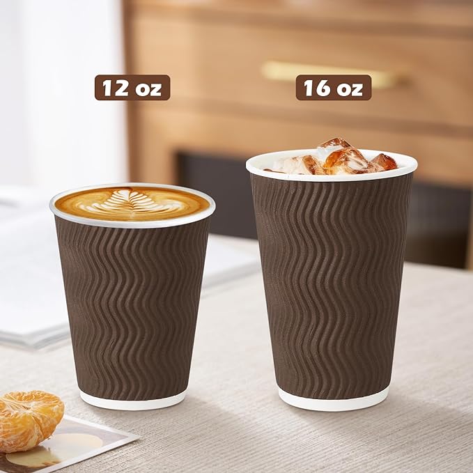 500 Pack 16 oz Disposable Coffee Cups No Lids, Insulated Ripple Wall Paper Coffee Cups 16oz for Hot Chocolate Tea Home Travel Office (Brown)