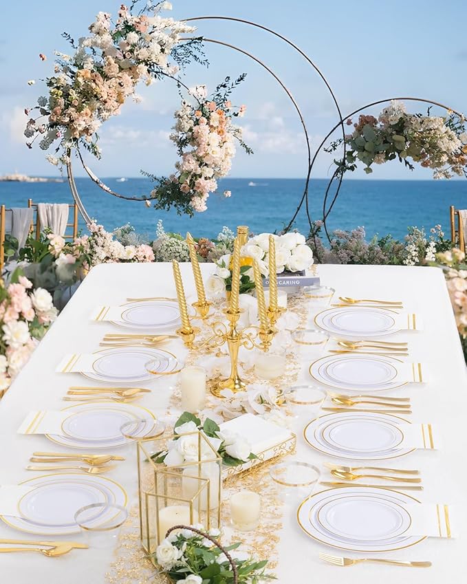 GATHER 700PCS Gold Plastic Plates - Whtie and Gold Disposable Dinnerware Sets 100Guest - 200 Disposable Plate, 300 Plastic Silverware, 100 Cups, 100 Napkins for Wedding & Party