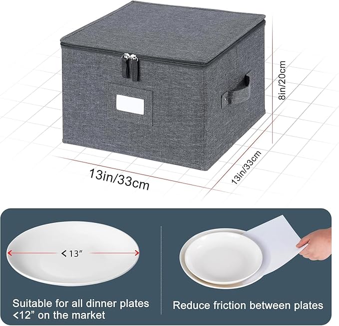 China Storage Containers Hard Shell Inside 13" W x 8" H, Charger Plate Storage Containers for Dishes, Dinnerware with 24 Felt Dividers, Hold 24 Plates, Stackable (2 Pack Grey)
