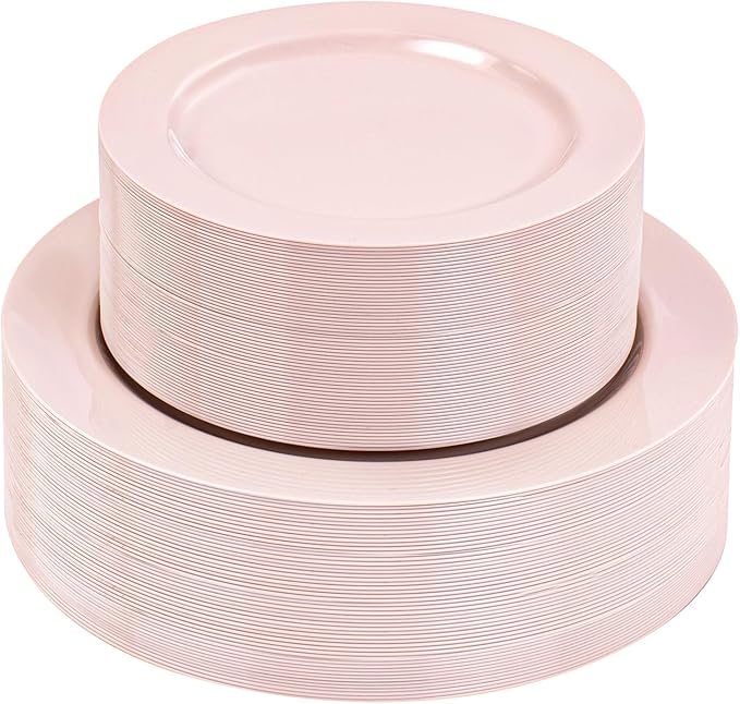 FLOWERCAT 100PCS Pink Plastic Plates - Heavy Duty Pink Party set Disposable serve for 50 guests -10 inch Dinner + 7 inch Dessert/Salad Plates for Easter,Birthday Party,Mother's Day