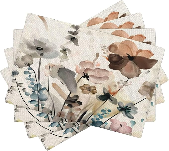 Floral Placemats 12x18 Inches Set of 4, Spring Summer Blue Brown Flower Decorative Rectangle Linen Table Mats for Party Home Kitchen Dining Table Decoration