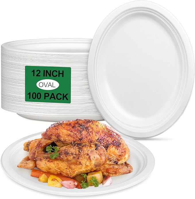 Large Oval Paper Plates 12 Inch, 100 Pack Heavy Duty Eco Friendly Disposable Plates, White Paper Plates Sturdy Strong for Party BBQ Picnic