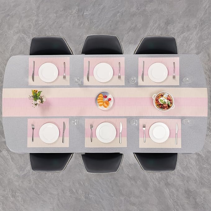 Placemats Set of 8, Vinyl Woven Place Mats Indoor Set of 8 Washable Wipeable PVC Table Mats Heat-Resistant Non Slip Plastic Placemat for Kitchen Dining Outdoor Table (Beige Pink, Set of 8)