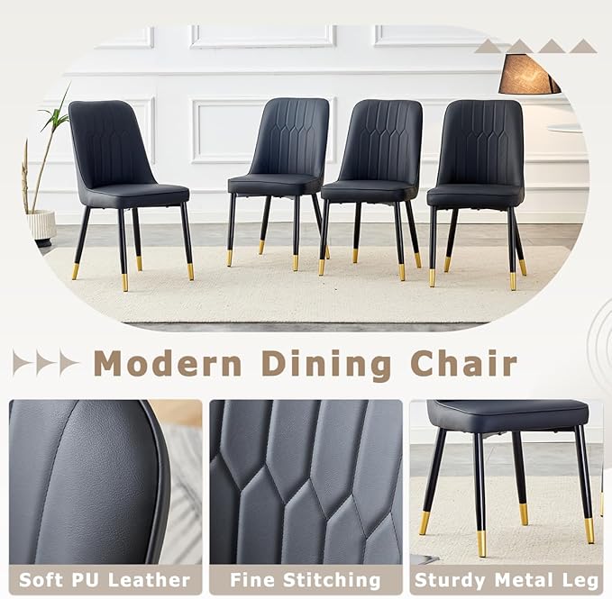 53” Round Dining Table Set for 6｜7 Piece Wood Dining Table Set｜Extendable Dining Room Table with 6 Chairs｜Black Wooden Tabletop with Metal Legs｜Easy Assembly｜Space Saving｜for Kitchen, Living Room