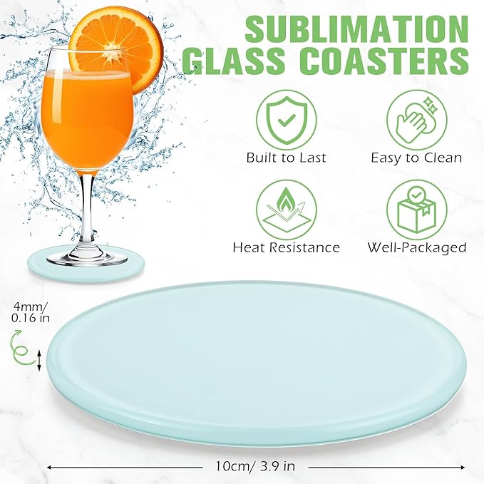 LemonRoad 12 Pcs Sublimation Blank Glass Coasters, 3.9 Inch Round DIY Photo Glass Drink Coasters with Foot Pads for Mugs, Cups, Dining Tables, Office, Kitchen, Home and Parties