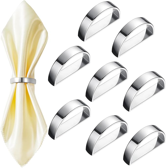 8 Pcs Stainless Steel Napkin Rings Metal Napkin Ring Holders Valentine's Day Modern Serviette Buckles Metallic Adornment for Spring Table Kitchen Dinner Party Wedding(Bright Silver Semicircle)