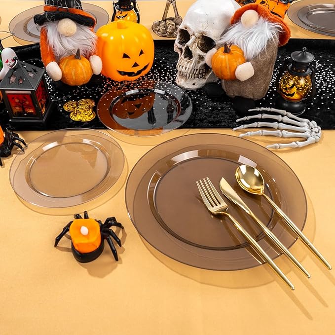 I00000 200 Pcs Clear Black Plastic Plates, Black Disposable Party Halloween Plates Include 100 Dinner Plate 10’’ and 100 Dessert Plate 7’’ Perfect for Wedding, Party & Halloween