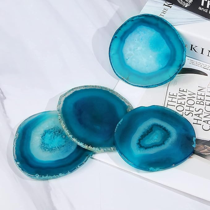 Agate Coaster Set of 4 for Drinks, Stone Coaster for Coffee Table 3.5-4" Geode Coaster Decor for Housewarming, Birthday, (Blue)