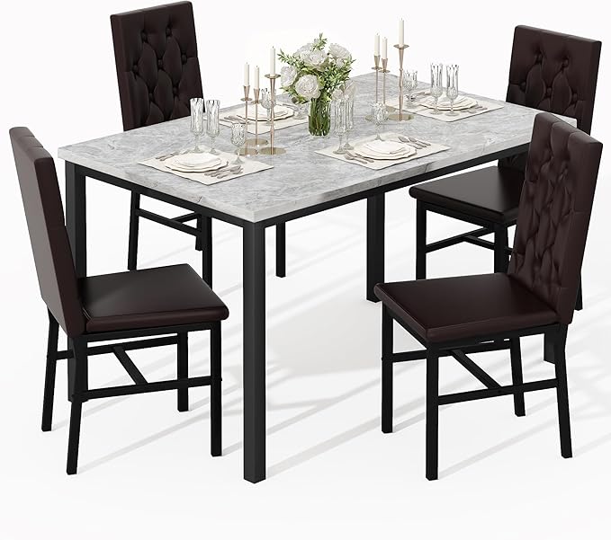 Hooseng Dining Table Set for 4, Faux Marble Small Kitchen Table Chairs Set of 4 with Luxurious Button Tufted Dinner Chairs for Kitchen and Dining(Brown)
