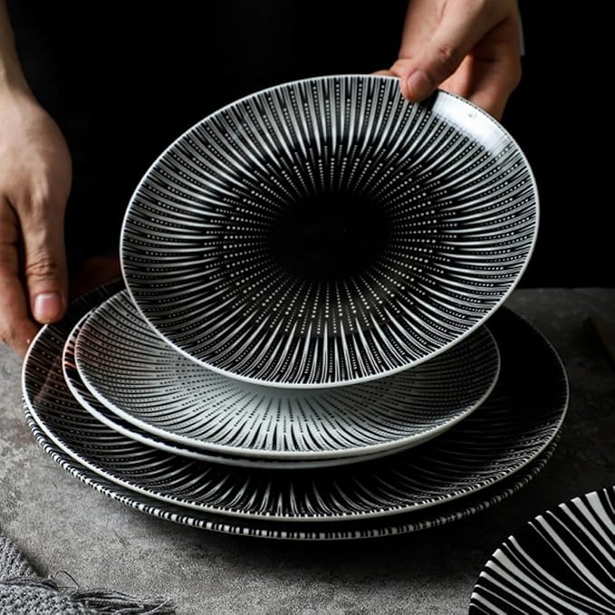 Cabilock 10-inch Dinner Plate and Dessert Dish Ceramic Pasta Serving Plate with Dark Striped Pattern for Home and Restaurant Use