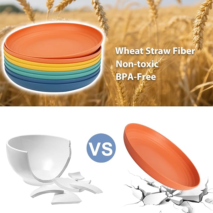 Wheat Straw Plate 9 Inch, Deep Dinner Plates Set of 8, Unbreakable Plastic Plate Reusable, Microwave & Dishwasher Safe Kitchen Plates for Camping, Picnic, Travel, Outdoor (Multi Colors)