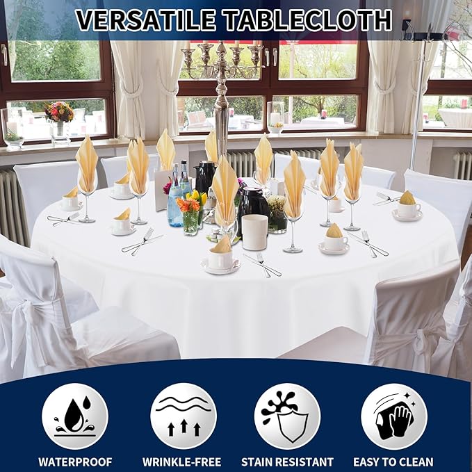 PureFit 8 Pack Round White Table Cloths 120 Inch for Round Tables, Stain and Wrinkle Resistant Table Linens for Home Use, Wedding, Party, Banquet and Camping