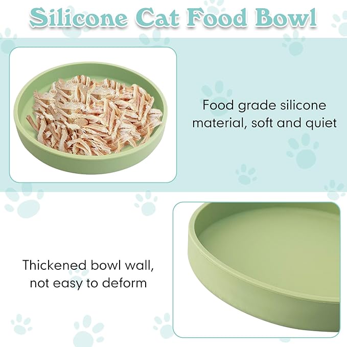 Silicone Dog Bowl Shallow Cat Food Bowls 7in Flat Puppy Plates Cute Whisker Fatigue Pet Feeding Dishes Set of 2 for Dry and Wet Food Indoor (Round Bean Green)