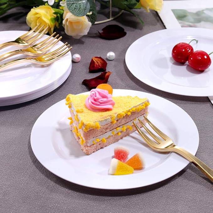 bUCLA 100Pieces White Plastic Plates - 6.25inch Disposable Plastic Appetizer/Small Cake/Salad/Dessert Plates Premium Hard, Ideal for Weddings& Parties