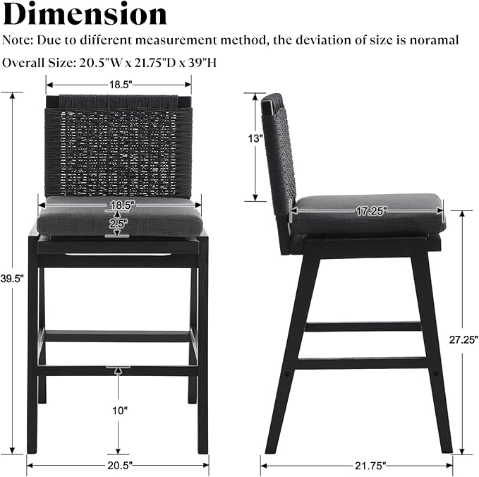 Carbon Black Bar Stools Set of 4, 27.3 Inch Counter Height Stools Upholstered Linen Armless Bar Chairs with Woven Rope Backrest Wooden Legs for Kitchen Island Dining Room