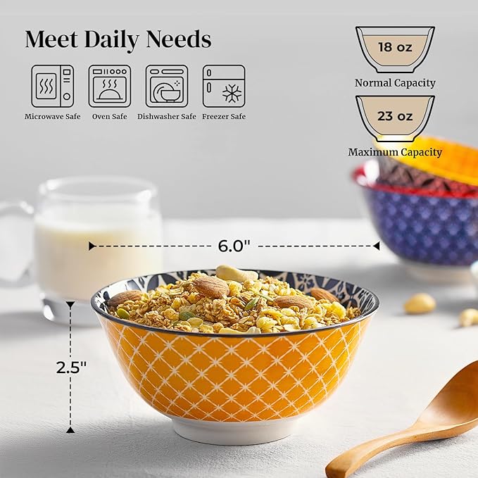 DOWAN Soup Bowls Set of 6, Cereal Bowls for Kitchen, 23 OZ Large Ceramic Bowl, Colorful Vibrant Patterned Porcelain Bowls for Kitchen Decor and Housewarming Gift, Dishwasher and Microwave Safe