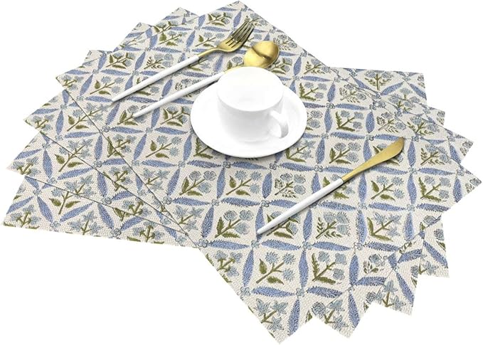 Block Print Floral Placemats 12x18 Inches Set of 4, Boho Blue Flower Decorative Modern Rectangle Table Mats for Party, Home Kitchen,Dining Table Decoration