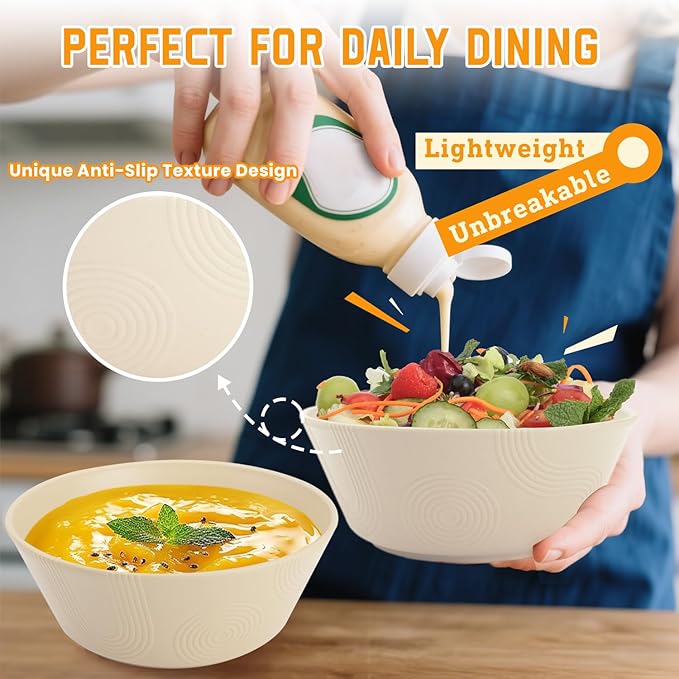 Homienly Large Deep Bowls 36 OZ, Wheat Straw Soup Bowls Set of 6, Plastic Bowls Microwave Safe, Unbreakable Bowl for Cereal, Soup, Salad, Popcorn, Idea for Party, Camping, Picnic, RV (Beige)