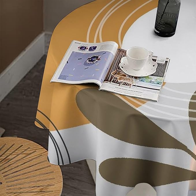 Boho Mid Century Round Tablecloth, Bohemian Abstract Modern Leaves Tablecloth for Home Party Dining Room Kitchen Decor 70Inch(178cm)