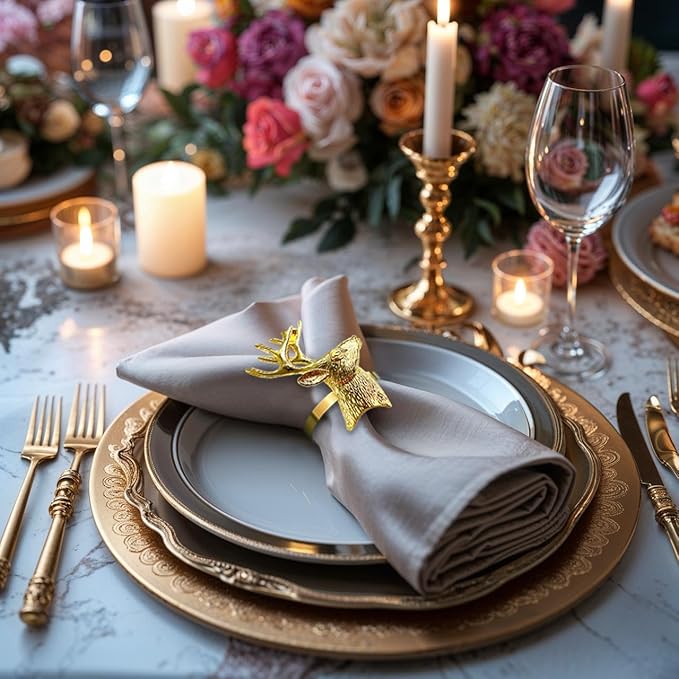 Decozen Set of 8 Gold Napkin Rings in Stag Design, Festive, Table Decor Setting for Holiday, Wedding, Birthday, Kitchen, Home Decor, Housewarming Gift - Thanksgiving Decoration