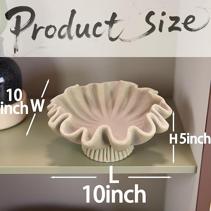 10" Large Handmade Decorative Bowl decor , Handicraft Scalloped Bowls for Modern Home Decor,Ruffle Decor,Key Bowl for Entry Table,Decorative Fruit Bowl for Kitchen Counter,Artificial Stone Beige