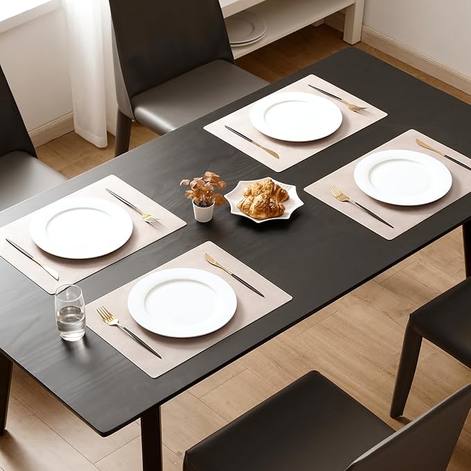 MOSAYT Vinyl Placemats Set of 12-12 X 17 Inch - Faux Leather 100% Waterproof Oil-Proof Wipeable PU Place Mats, Heat Resistant Reversible Table Mats for Kitchen, Dining, Outdoor (Beige)
